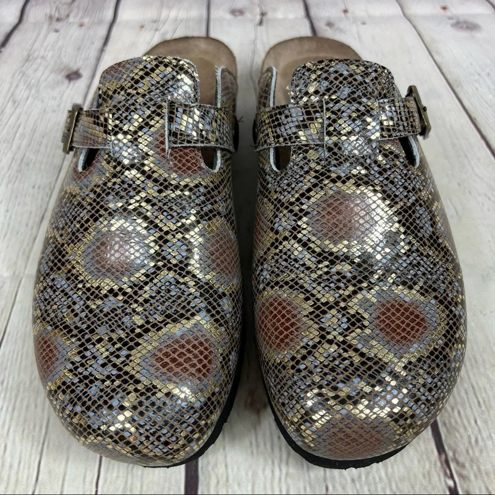 NAOT Elegant Autumn Golden Python Print Leather Slip On Clogs - Picture 3 of 15